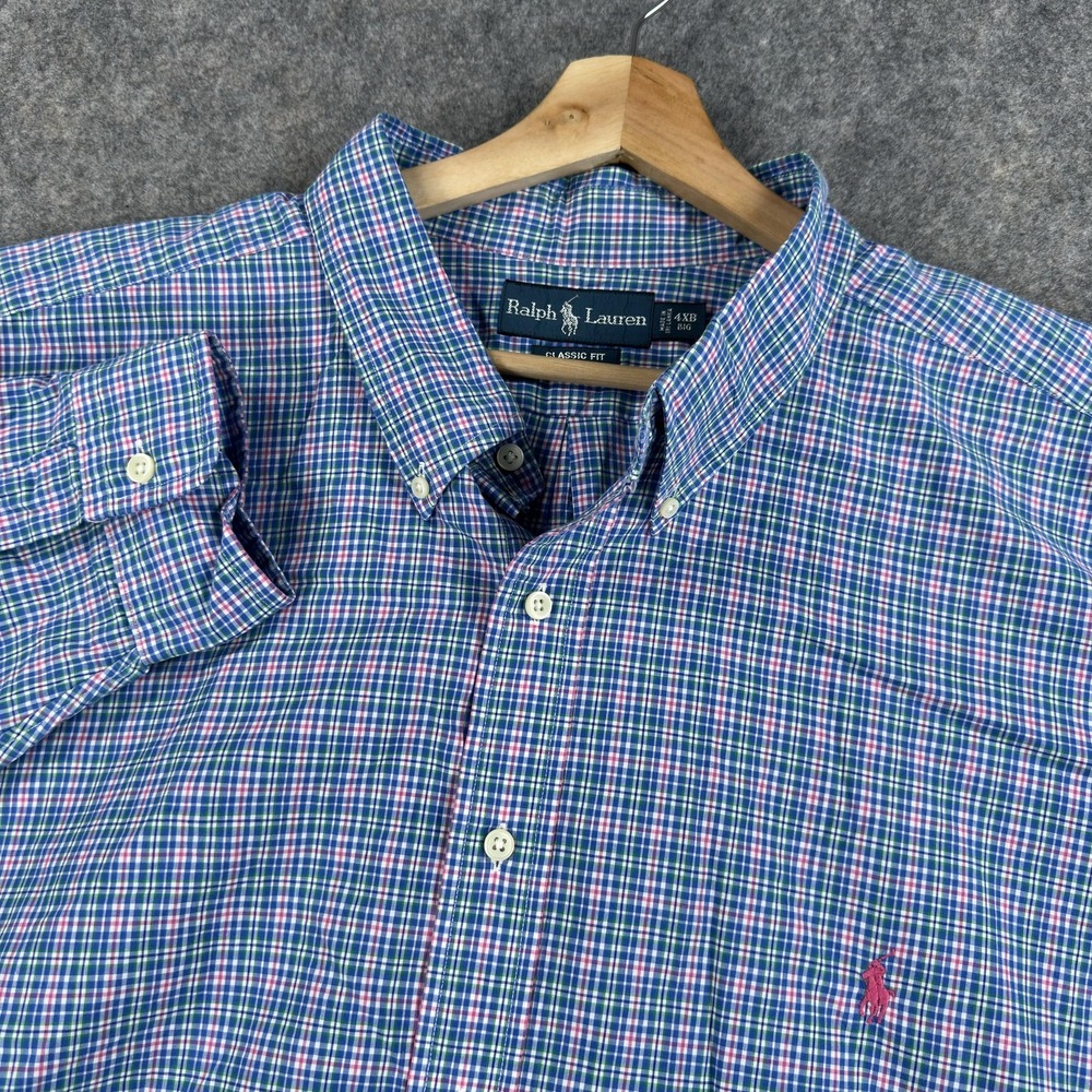 Ralph Lauren Shirt Mens Big 4XB Blue Plaid Cotton Button Down Long Sleeve